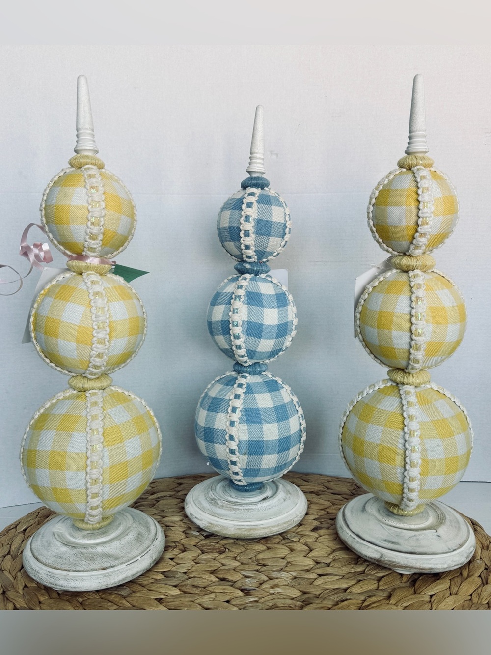 Decorative Blue Yellow Gingham Finial Set of 3 Cottagecore